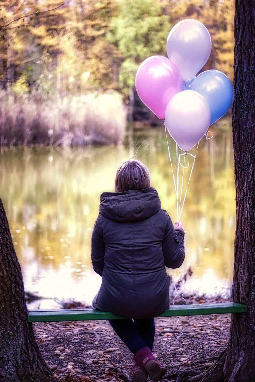 human, woman, social distance, lonely, alone, silence, balloons, lake, rest, celebration, date of birth, lonliness, nature, person, quiet, forest, multicoloured, sad, lonely, alone, silence, balloons, balloons, balloons, balloons, balloons, lonliness, lonliness, sad, sad, sad, sad