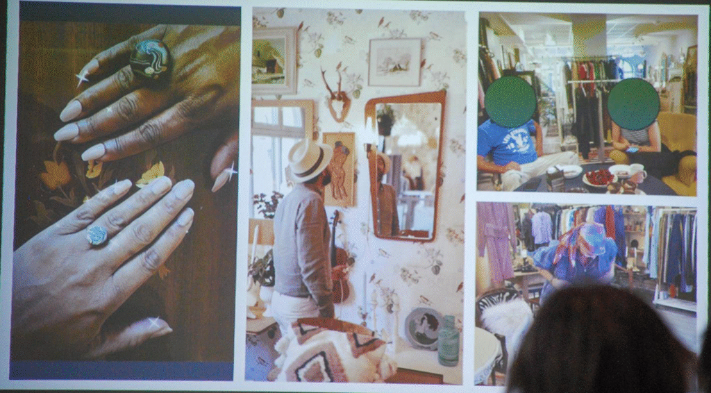 Bildcollage från Brofästets secondhandbutik New Wings retro. Bilderna föreställer ringprydda händer; en man i hatt som tittar på väggdekorationer samt en sittande kvinna och man med en klädställning bakom.