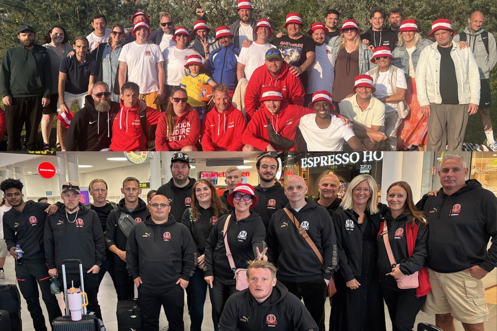 Övre bild: Gatulaget Hittarps IK tillsammans med det norska Gatulaget SK Brann.
Nedre bild: Gatulaget Hittarps IK på Helsingborgs centralstation, på väg till Norge för att träffa Gatulaget SK Brann.