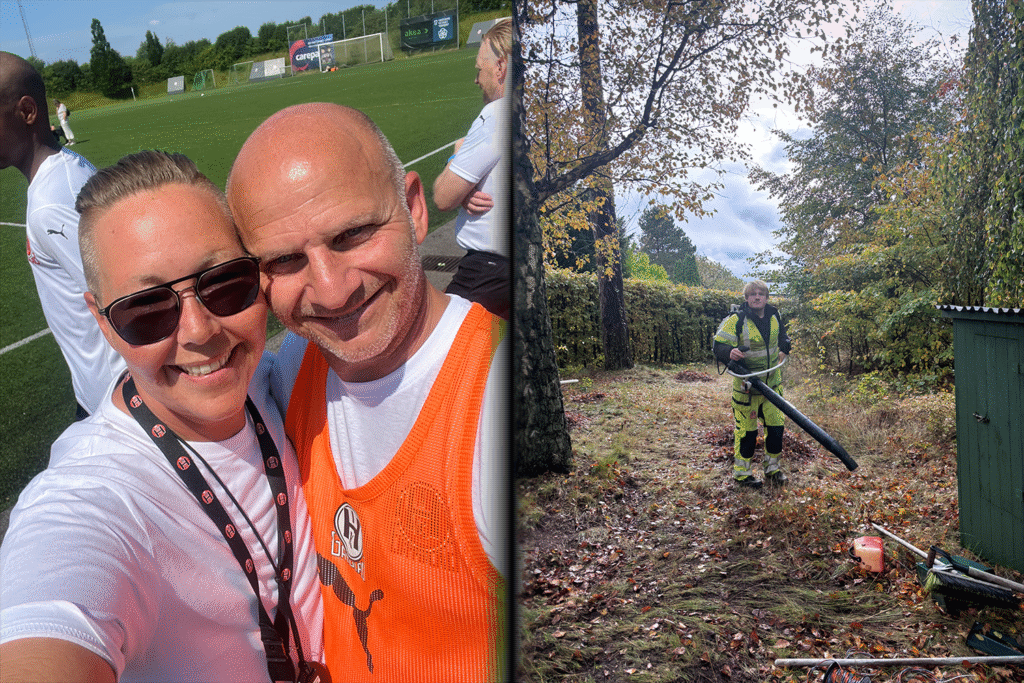 Vänster bild: Lena Johansson och Kenneth Storvik, som tillsammans driver Gatulaget, ute på Hittarps IKs fotbollsplan. Höger bild: En manlig spelare i Gatulaget, iklädd arbetskläder med reflexer, står i ett grönområde och blåser löv.